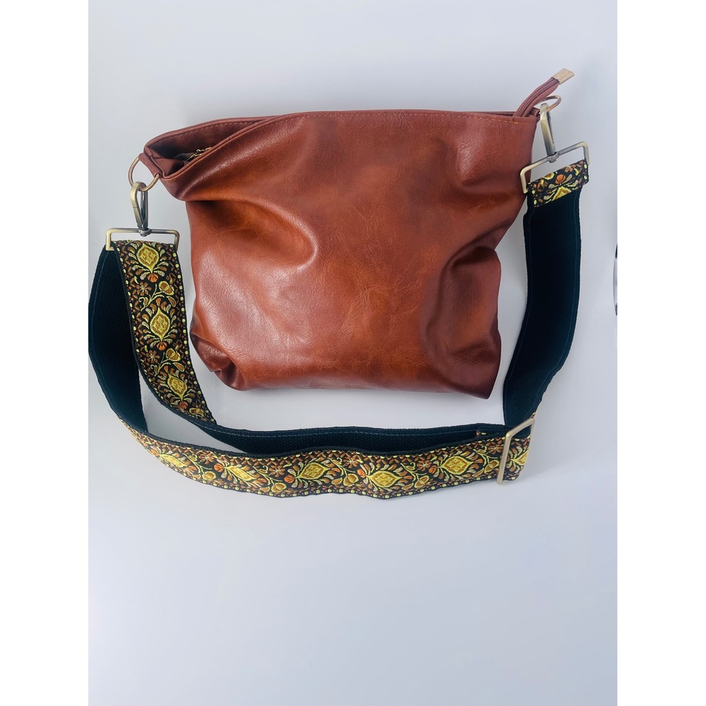 Brown Slouchy Hobo Bag Boho Guitar Strap Crossbody Shoulder Purse Artisan